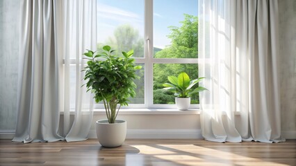A lush green potted plant sits on a modern windowsill, surrounded by natural light, with elegant white curtains and a sleek minimalist home decor.