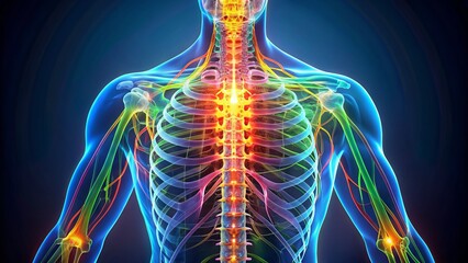 A luminous, intricate illustration of the human spine, showcasing vertebrae, discs, and nerves in vibrant colors, highlighting the body's complex skeletal structure.
