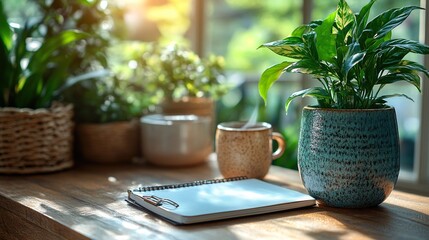 Elegant feminine home office desk with a notebook, coffee cup, plant, and chair.