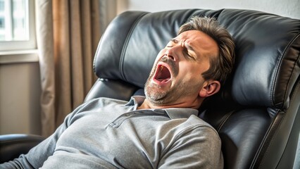 A Man Sleeps Soundly In His Reclining Chair, His Mouth Wide Open And His Face Contorted In A Slumbering Grimace.