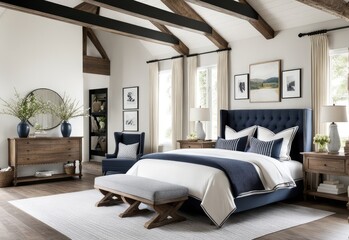 French country interior design of modern bedroom in farmhouse