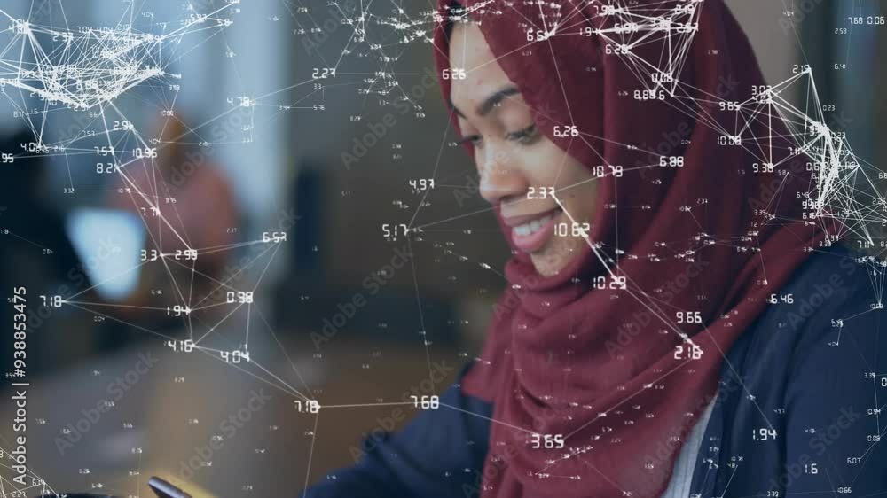 Poster network of connections and data points animation over woman in hijab working