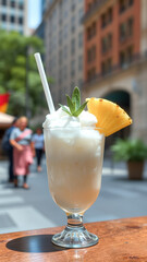 Pineapple Smoothie in a Glass on a Wooden Table