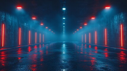 A hauntingly atmospheric image featuring a dark street illuminated by neon lights, ideal for Halloween promotions and events, with copy space.