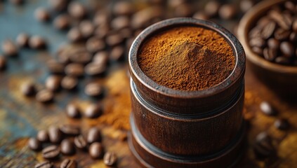 A close-up image of a wooden bowl filled with ground coffee beans.