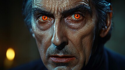 A haunting close-up of a vampire with glowing red eyes, perfect for Halloween promotions, horror-themed designs, and spooky events with copy space.