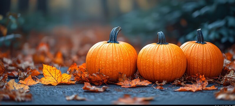 A serene autumn scene with pumpkins and fall leaves, perfect for Thanksgiving and Halloween designs, marketing, and themed events with copy space.