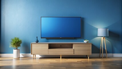 A modern flat-screen television sits on a living room table, its bright screen displaying a blank blue background with a slight sheen and subtle texture.
