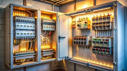 A modern electrical cabinet in a home, with neatly organized wires and circuit breakers, illuminated by a soft glow from the interior lighting. - obrazy, fototapety, plakaty