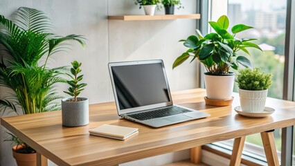 Fototapeta premium A modern, minimalist workspace featuring a healthy green potted plant and a sleek, open laptop on a clean, wooden desk, radiating productivity and serenity.