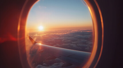 Airplane window views with a focus on wings and the serene beauty of sky travel.