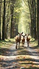 Three Deer Walk Through a Forest Path