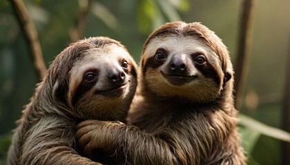 Two sloths hugging each other, wild animals cuddling gently in a dense forest, close-up view