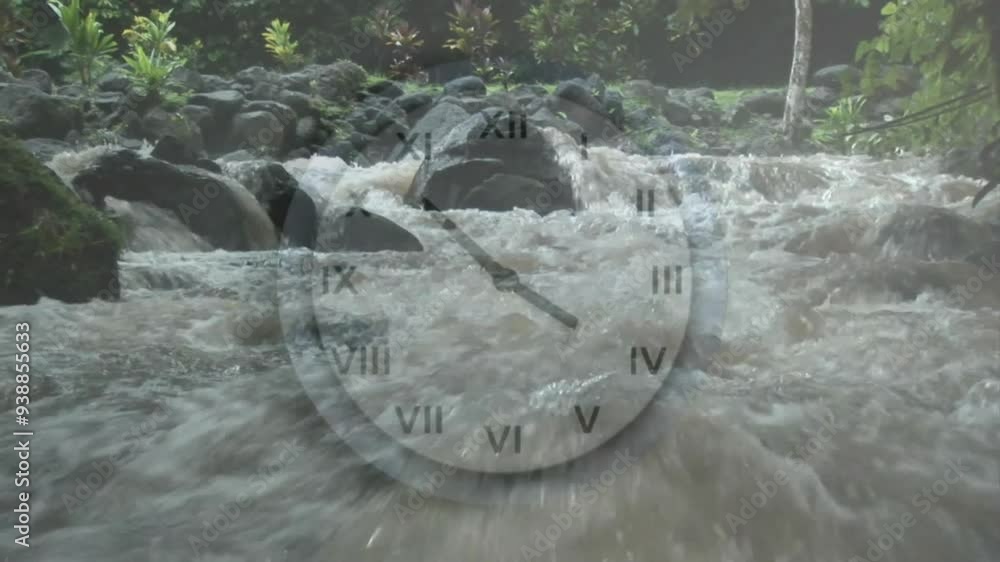Poster Clock animation over flowing river with rocks and greenery in background