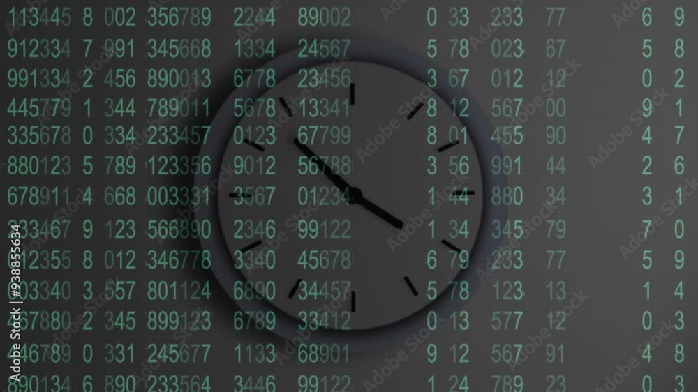 Poster clock showing 3:45 over animation of green numbers on dark background