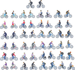 Cycling People Set from Side, Front, and Back Views on White Background - Vector EPS