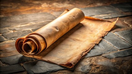 An Aged Parchment Scroll With Weathered Edges And Intricate Calligraphy, Unfurled And Lying Open On A Stone Surface