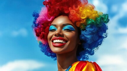 Celebratory close-up of a joyful African American woman in vibrant clown wig and makeup at a pride parade, showcasing diversity and inclusion against a clear blue sky backdrop, ideal for social awaren