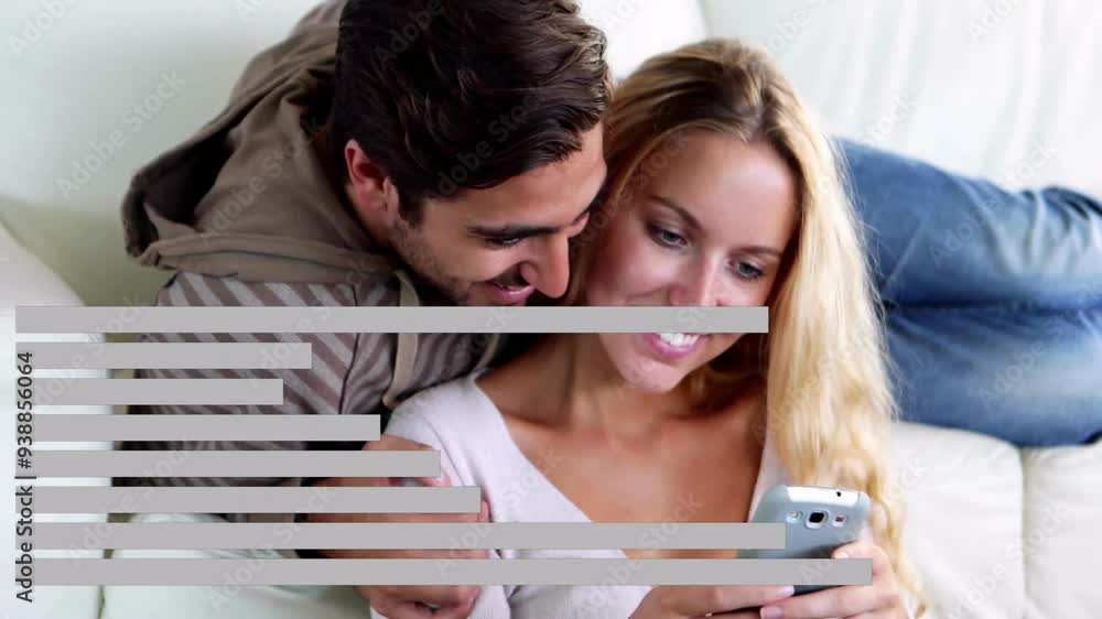 Poster horizontal bar chart animation over couple using smartphone on couch