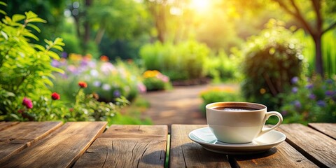 A cozy cup of coffee resting on a rustic wooden table in a serene garden setting, perfect for morning relaxation