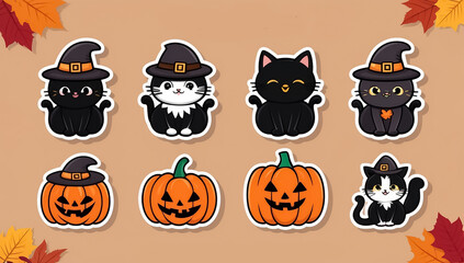 sticker set, different cute cat with pumpkin
