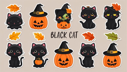 Naklejka premium sticker set, different cute cat with pumpkin