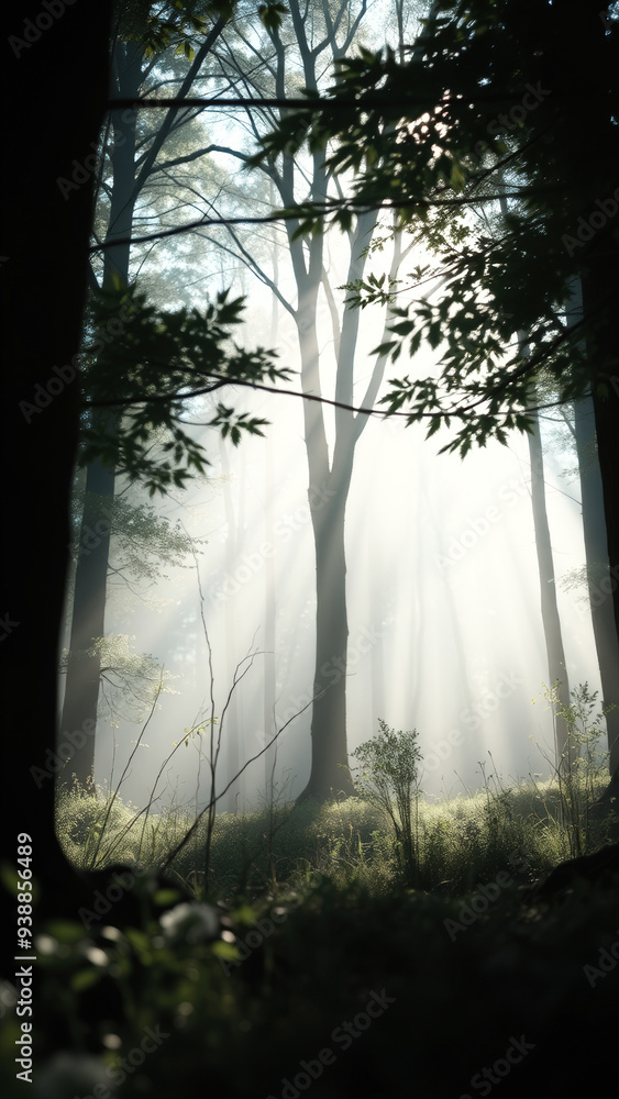 Poster sunbeams through the trees in a misty forest