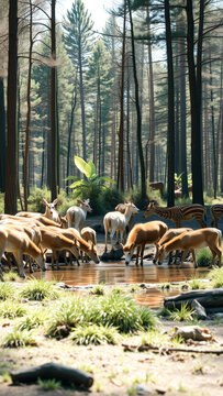 Herd of Deer Drinking from a Forest Stream