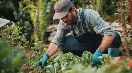 A man wearing a blue apron and gloves tending to his vegetable garden.