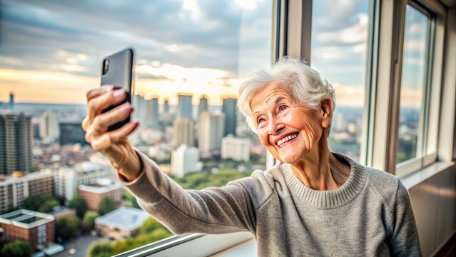 An Elderly Person Poses For A Selfie, Smiling And Holding A Smartphone In Front Of A Window With A City View.