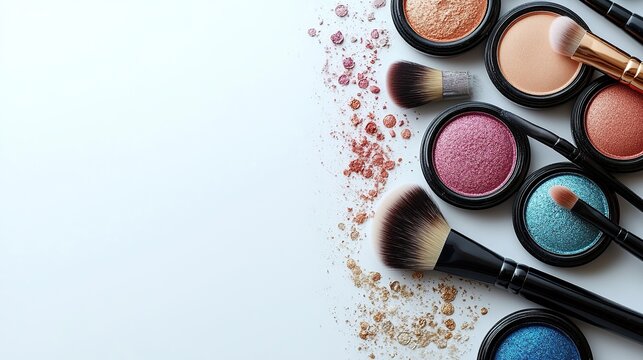 fashion makeup accessories flat lay on white background