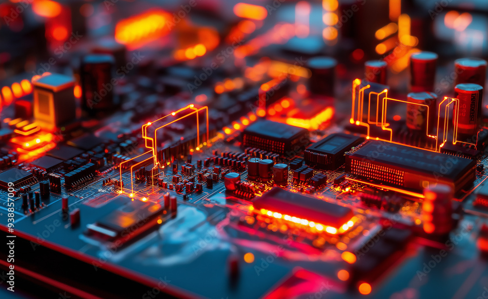 Aufkleber vibrant circuit board with glowing neon pathways and components, showcasing the complexity and beaut