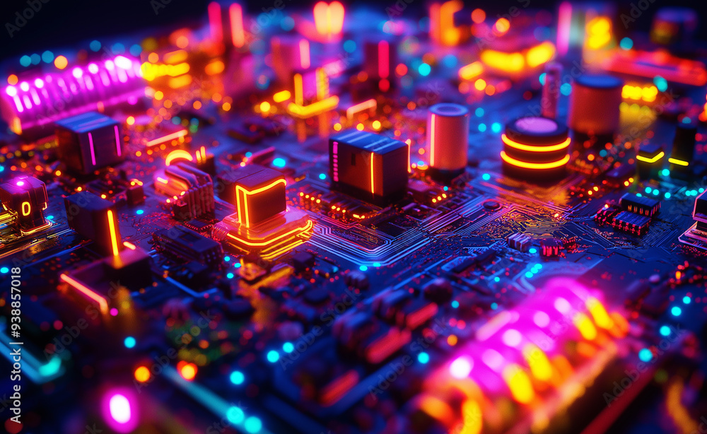 Poster vibrant circuit board with glowing neon pathways and components, showcasing the complexity and beaut
