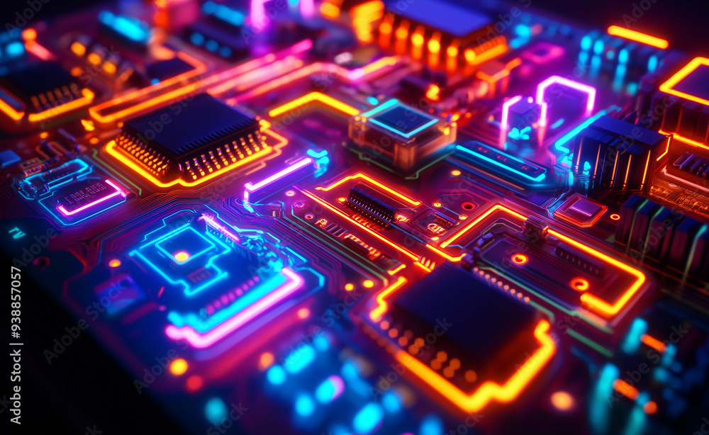 Poster vibrant circuit board with glowing neon pathways and components, showcasing the complexity and beaut