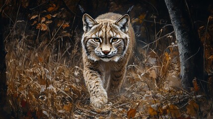 Fototapeta premium A majestic lynx prowls through a forest with intense focus, blending into the autumn foliage, This image can be used for wildlife articles, nature blogs, or eco-conservation campaigns,
