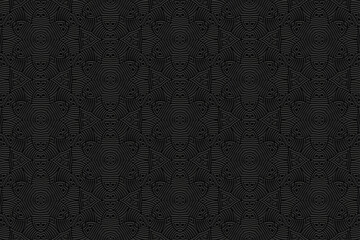 Embossed boho black background, tribal cover design, banner. Geometric floral exclusive 3D pattern, embossing. Ornaments, handmade. Artistic ethnicity of the East, Asia, India, Mexico, Aztec, Peru.