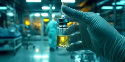 Abstract Doctor Holding COVID-19 Vaccine Vial: Medical Research and Healthcare Innovation. Minimalist Composition Highlighting Pharmaceutical Safety and Hospital Protocols. Elegant Design Template wit