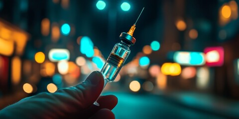 Abstract Doctor Holding COVID-19 Vaccine Vial: Medical Research and Healthcare Innovation. Minimalist Composition Highlighting Pharmaceutical Safety and Hospital Protocols. Elegant Design Template wit