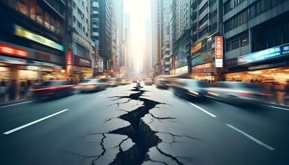 Fototapeta premium In a busy city street, there is a road with a long crack, depicting the effects of an earthquake. The background appears blurry