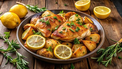 Delicious lemon infused chicken dish with roasted potatoes, Mediterranean cuisine flavors, and zesty lemon chicken