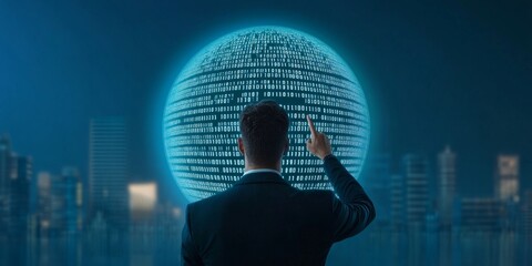 A man touching the sphere of binary code, a cyberpunk city background
