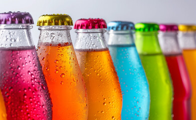 Glass bottles in various bright colors, each with condensation droplets, representing refreshing beverages and variety in drink options.