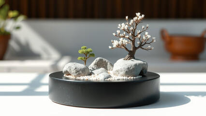Miniature Bonsai Tree with White Flowers and Stones