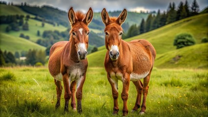Obraz premium A pair of strong and sturdy mules, with rust-colored coats and white socks, stand side by side in a rolling green meadow landscape.