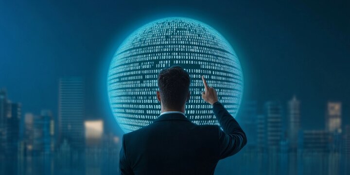 A man touching the sphere of binary code, a cyberpunk city background