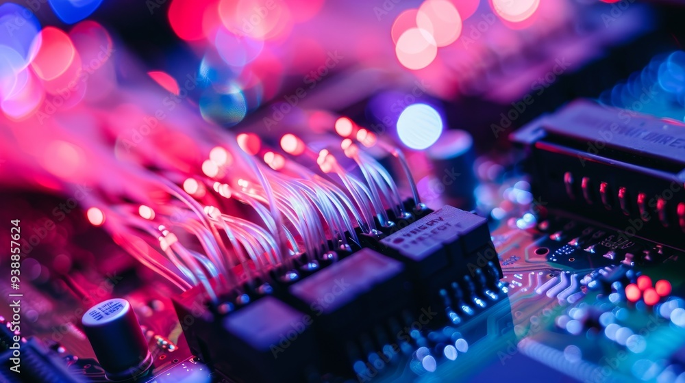 Poster detail of the cpu on a pc motherboard illuminated by fiber optic lamp, highlighting the core of hi-t