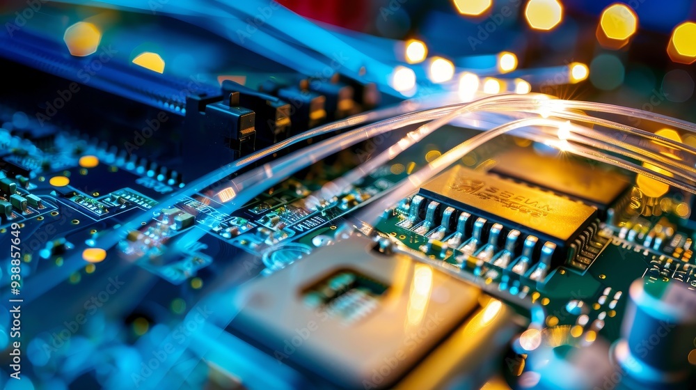 Poster detail of the cpu on a pc motherboard illuminated by fiber optic lamp, highlighting the core of hi-t