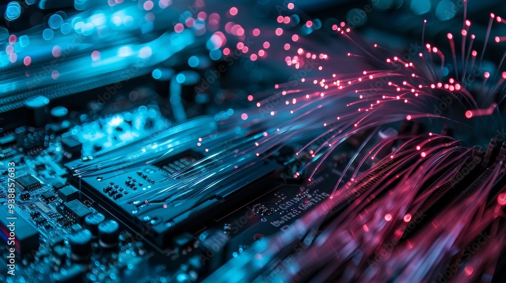 Poster detail of the cpu on a pc motherboard illuminated by fiber optic lamp, highlighting the core of hi-t