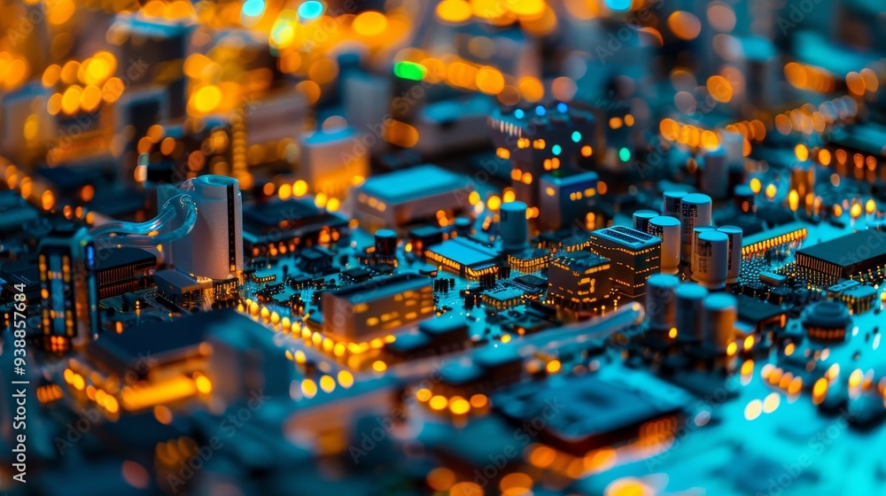 Poster detail of the cpu on a pc motherboard illuminated by fiber optic lamp, highlighting the core of hi-t