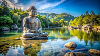 a peaceful Buddha statue sits on a rocky shoreline, surrounded by calm rippling water and lush green foliage under a soft blue sky.